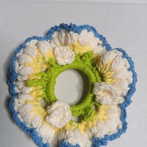Floral Crochet Hair Scrunchie - Blue, Yellow, White